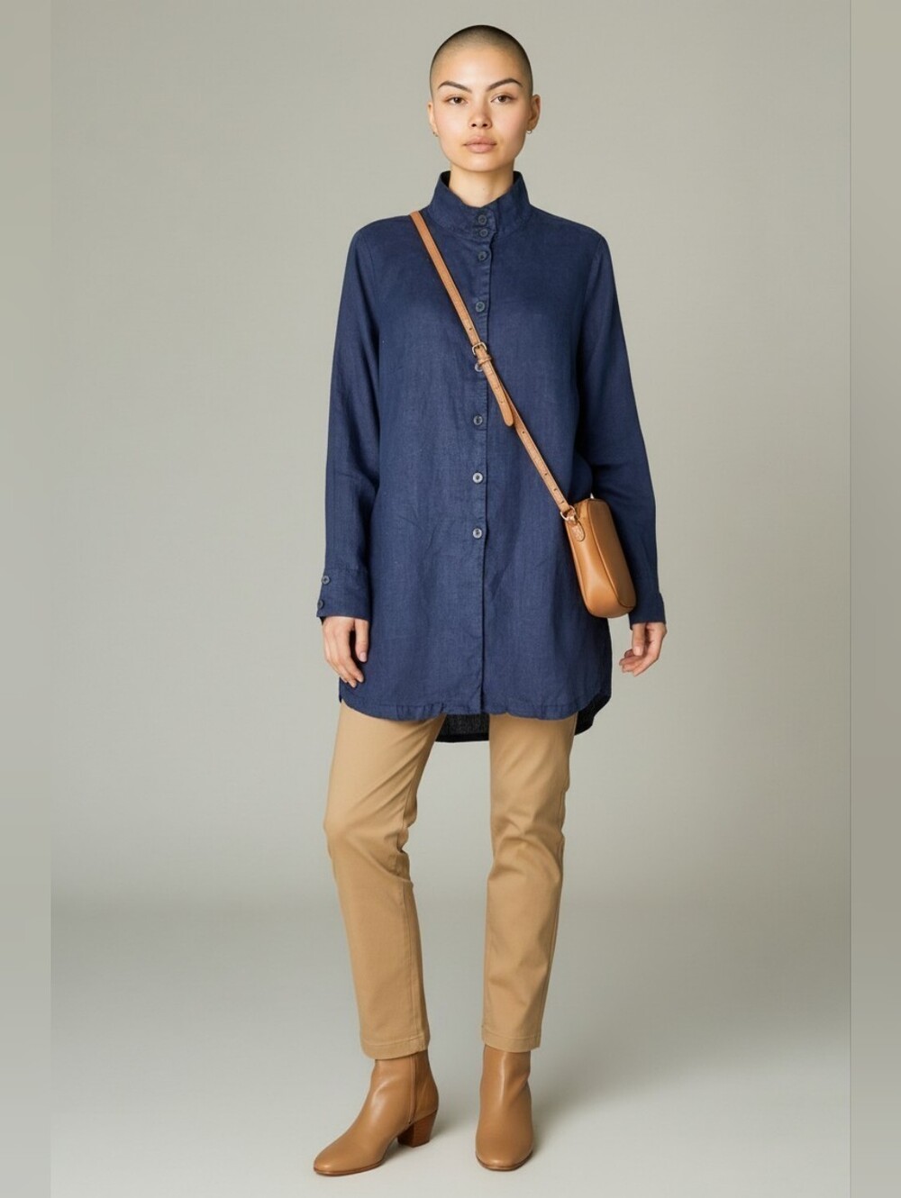 Flax Linen Navy Long Shirt Mandarin Collar Womens S Tunic Oversized Lagenlook